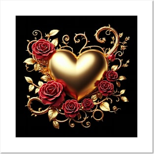 Valentines Day Gold Heart and Red Roses Posters and Art